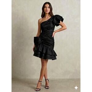 Vintage ILGWU Prom Dress Bodycon Asymmetrical Ruched with Ruffle Hem Size 9-10